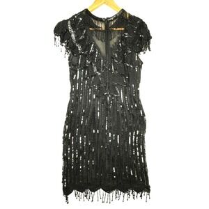 LAURENCE KAZAR Vintage 80s/90s Fringe Black Silk Beaded Sequin Dress Size Medium